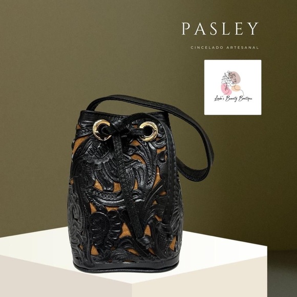 PASLEY  MINI TOOLED LEATHER BUCKET BAG | Black and Tan Women’s Bag luxurious (B) - Picture 1 of 5